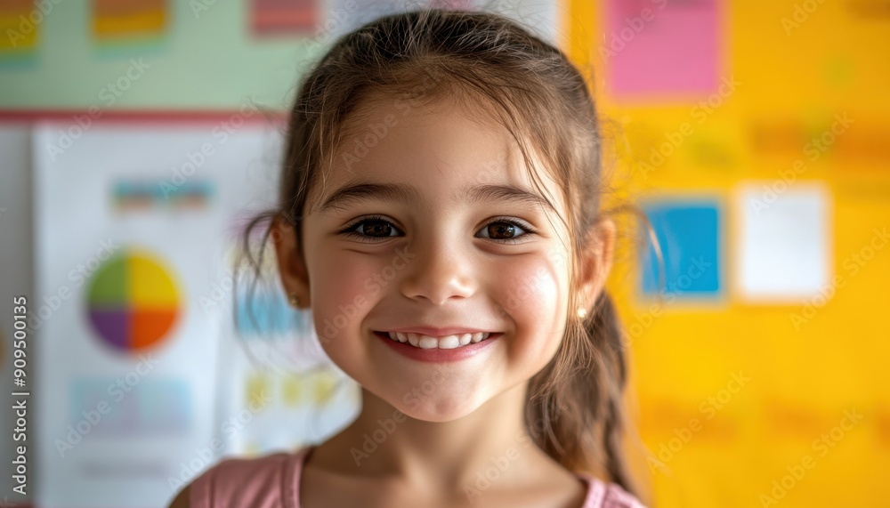 Detailed shot of a cheerful girl with sparkling eyes, smiling at the camera, with educational charts behind her