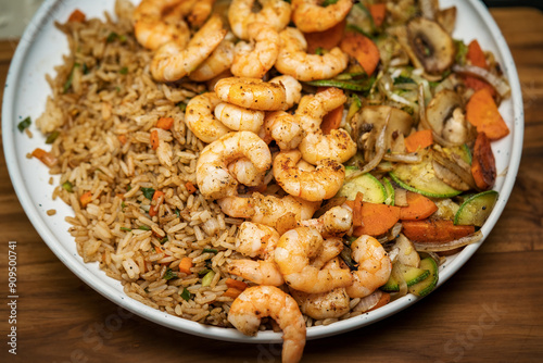 tepanyaki de camaron guisado con verduras y arroz frito