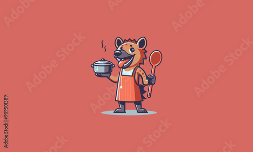 hyena character is holding a pot while smiling vector flat design