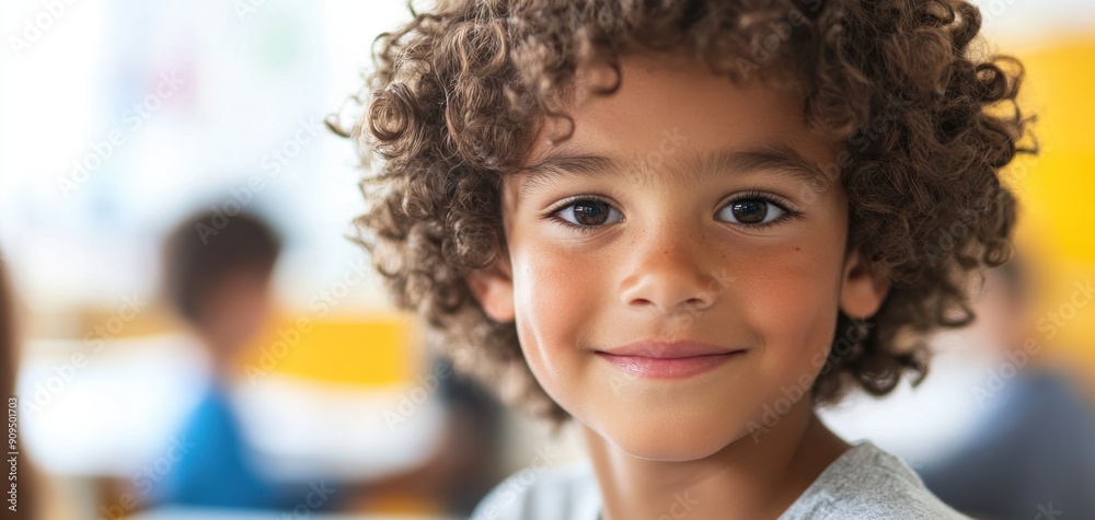 Intimate close-up of a happy young boy with curly hair, looking straight at the camera, in a bright, engaging classroom Intimate close-up of a happy young boy with curly hair, looking straight at the camera, in a bright, engaging classroom
