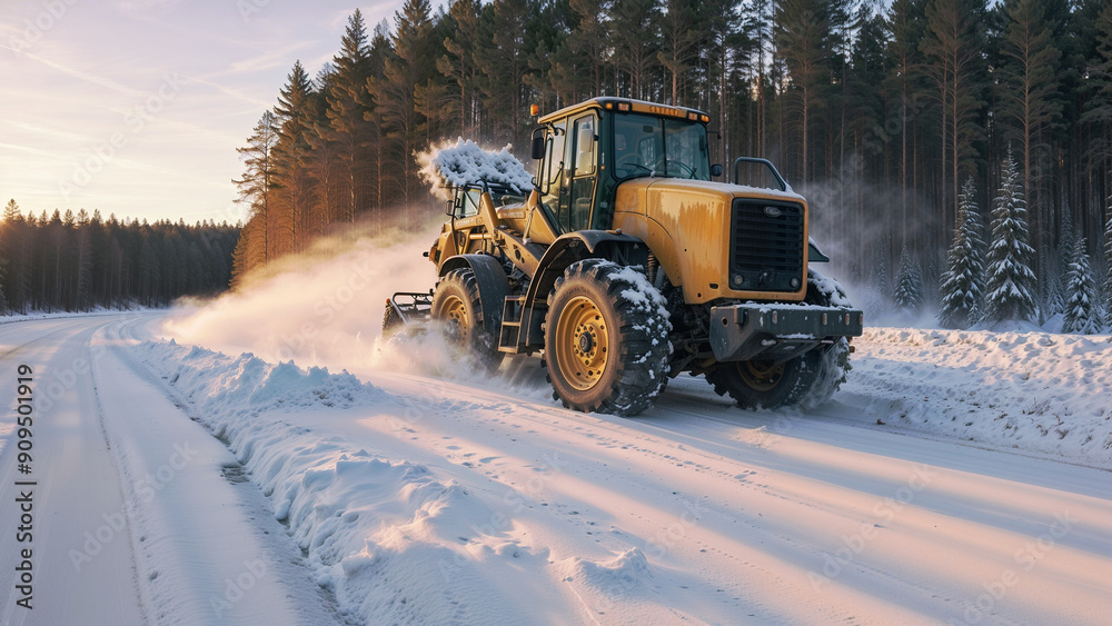 Tractor clearing snow in forest, soft sun, sunset, close up