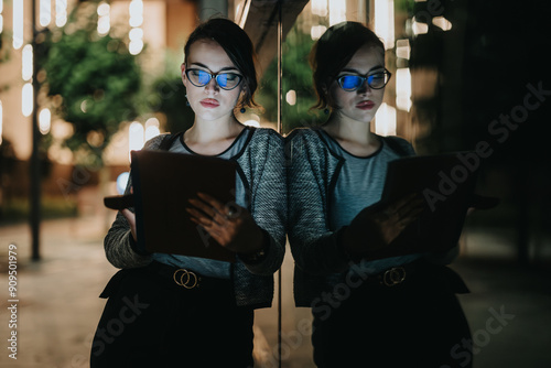 Businesswoman focused on her tablet device at night, reflected on a glass window with illuminated city lights in the background.