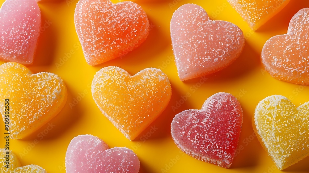 A closeup of colorful and delicious candy heart shapped on yellow and orange background A closeup of colorful and delicious candy heart shapped on yellow and orange background