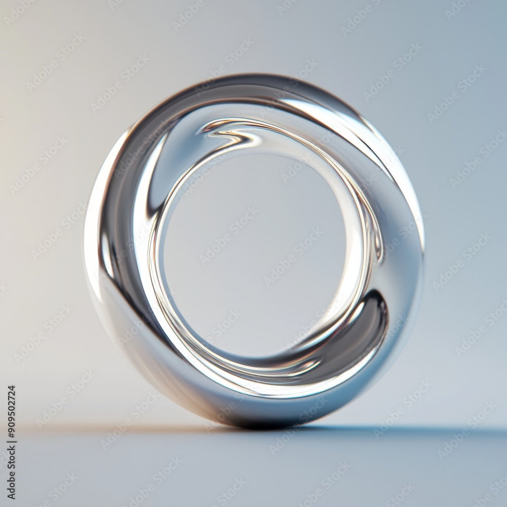 Macro view of a single geometric torus, with smooth curves and a reflective surface, against a plain backdrop Macro view of a single geometric torus, with smooth curves and a reflective surface, against a plain backdrop