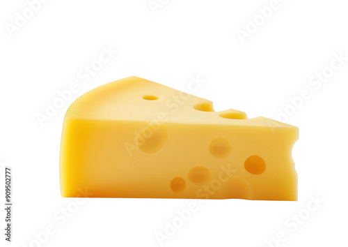 A single slice of Swiss cheese with visible holes, isolated on a white background.