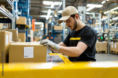 Portrait of a factory production worker labeling finished goods, Generative AI photo