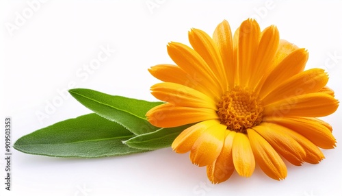 Bright yellow marigold in full bloom, set against a white background