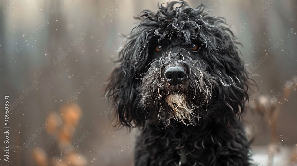 A shaggy puli sheepdog mixed breed dog with curly hair standing outdoors A shaggy puli sheepdog mixed breed dog with curly hair standing outdoors