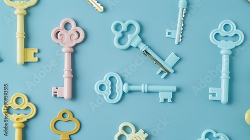 A set of baby plastic keys are spreadout on a blue background photo