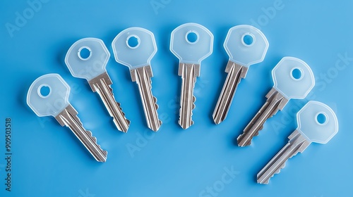 A set of baby plastic keys are spreadout on a blue background photo