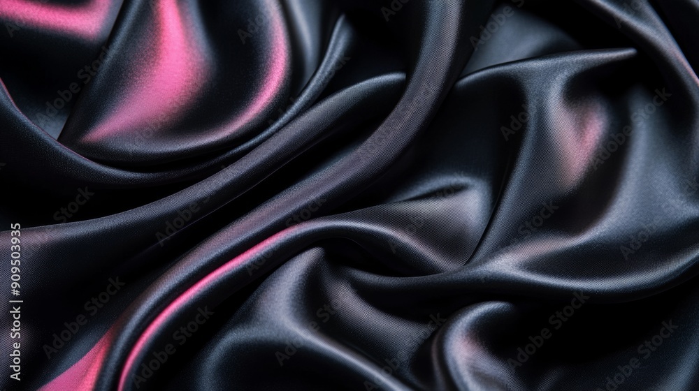 Fototapeta premium Close-up of black satin fabric with pink highlights, abstract background