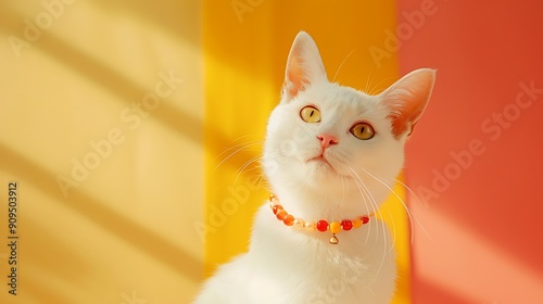 A white cat wearing beautiful red neclace on yellow and orange background