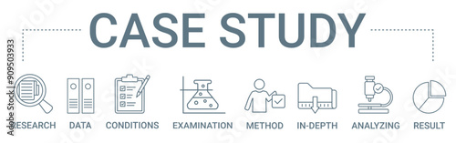 Case Study concept banner icon contain of research, data, conditions, examination, method, in-depth, analyzing, and result vector illustration