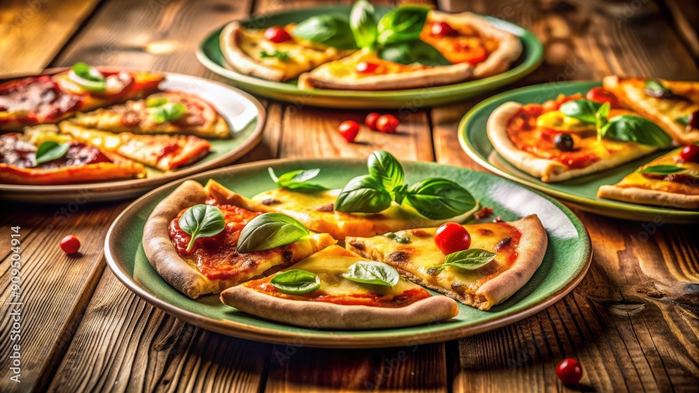 Colorful plates of piping hot pizza slices occupy a wooden table amidst cozy restaurant ambiance, garnished with fresh basil and soft, golden lighting. Colorful plates of piping hot pizza slices occupy a wooden table amidst cozy restaurant ambiance, garnished with fresh basil and soft, golden lighting.