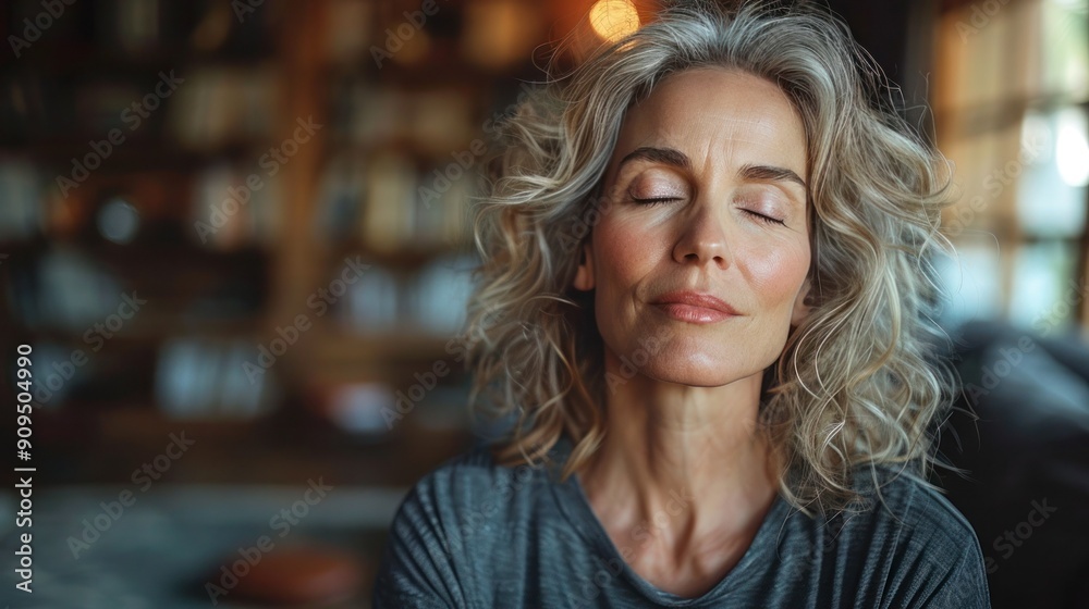 Relaxing Meditation: Middle-Aged Woman Calming Mind and Body at Home for Mental Health and Self-Care - High-Quality Living Room Photo Relaxing Meditation: Middle-Aged Woman Calming Mind and Body at Home for Mental Health and Self-Care - High-Quality Living Room Photo