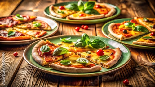 Colorful plates of piping hot pizza slices occupy a wooden table amidst cozy restaurant ambiance, garnished with fresh basil and soft, golden lighting.