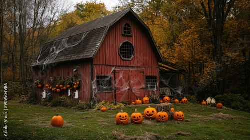 Old barn with Halloween decorations like ghostly figures, cobwebs, and carved pumpkins photo