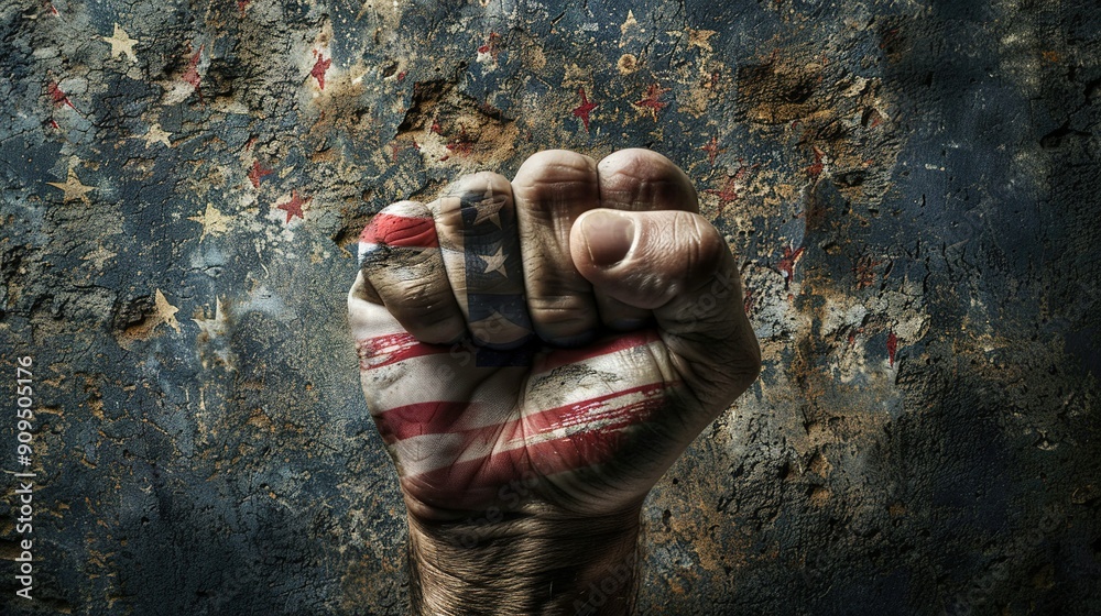 A clenched fist painted with the American flag on a textured background A clenched fist painted with the American flag on a textured background