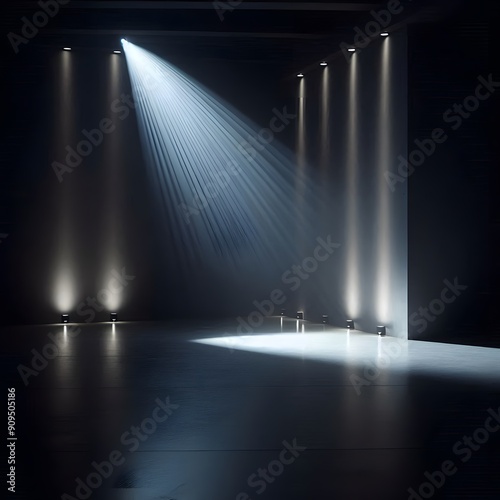 A dimly lit room with a minimalist aesthetic. Polished concrete floors reflect a soft glow from strategically placed spotlights. The spotlights cast long, dramatic shadows across the empty space,