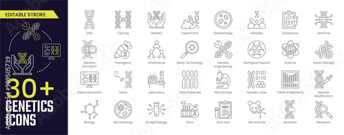 Genetics Stroke icon collections. Containing genetics related icons DNA, chromosomes, genetic modification, experiments and more. Editable Stroke icon collection Outline icon