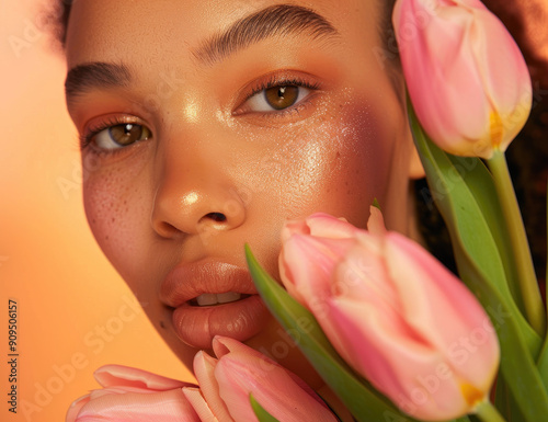 model with pink eyeshadow and eyeliner, she is holding pink tulips, the background color orange , beauty photography photo