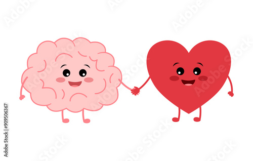 Cheerful cartoon brain and heart characters holding hands. Mind and feeling harmony concept. 