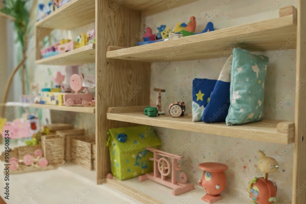 Naklejka premium Wooden shelf child room is filled various Shelves with toys