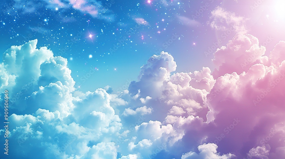 Dreamy Blue and Pink Sky with Fluffy Clouds and Sparkling Stars Dreamy Blue and Pink Sky with Fluffy Clouds and Sparkling Stars