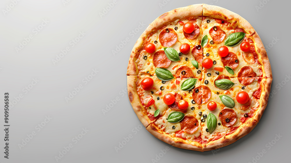 A freshly baked pepperoni pizza with cherry tomatoes and basil leaves, ready to be devoured. The pizza is sliced into eight pieces and presented against a simple gray background. A freshly baked pepperoni pizza with cherry tomatoes and basil leaves, ready to be devoured. The pizza is sliced into eight pieces and presented against a simple gray background.