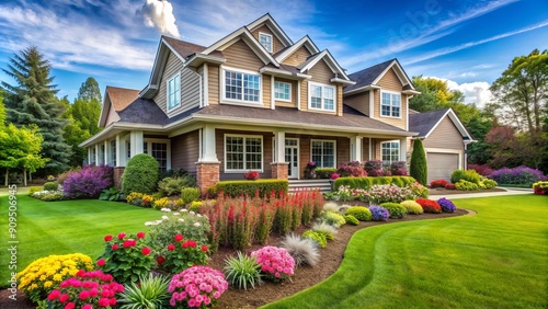 Luxurious modern American house with sleek exterior, large windows, and sprawling porch, surrounded by lush green lawn and vibrant colorful blooming flowers.
