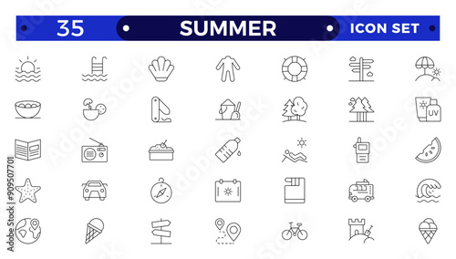 summer vacations icon set. Vector thin line illustrations with objects, activities and places related with traveling, tourism, outdoors in the beach and mountain, camping, resorts and hotels.