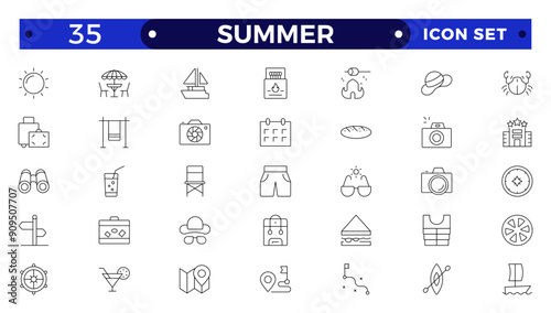 summer vacations icon set. Vector thin line illustrations with objects, activities and places related with traveling, tourism, outdoors in the beach and mountain, camping, resorts and hotels.