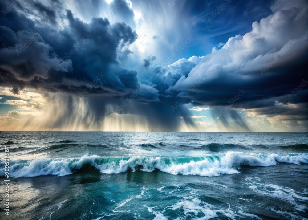 Dramatic seascape featuring a tempestuous dark sky with ominous clouds, turbulent ocean waves, and a torrent of rain pouring down on the sea surface. Dramatic seascape featuring a tempestuous dark sky with ominous clouds, turbulent ocean waves, and a torrent of rain pouring down on the sea surface.