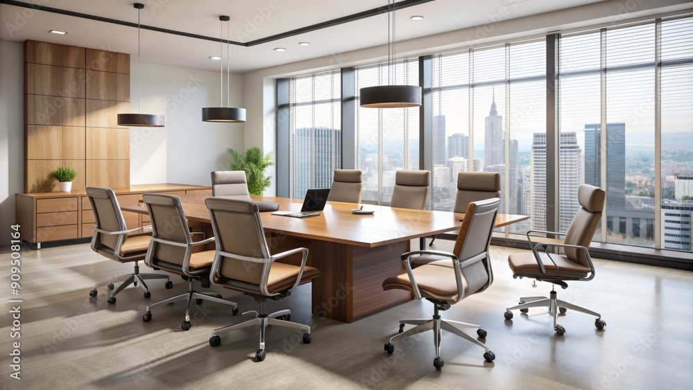 Modern office setting with sleek furniture, empty chairs, and a blank background, awaiting the insertion of diverse professionals, conveying success and corporate culture. Modern office setting with sleek furniture, empty chairs, and a blank background, awaiting the insertion of diverse professionals, conveying success and corporate culture.