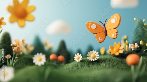 Butterfly's Delight: An orange butterfly flits through a whimsical, handcrafted meadow, bringing a burst of color to a serene spring day. 