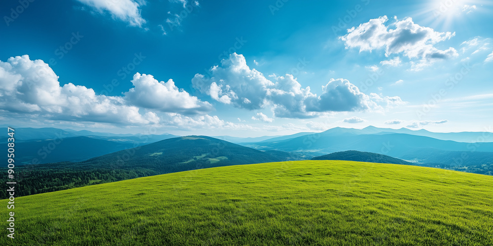 Obraz premium Landscape portrait of emerald green rolling hills with a forest off in the distance, blue sky and white puffyy clouds in the background over mountains