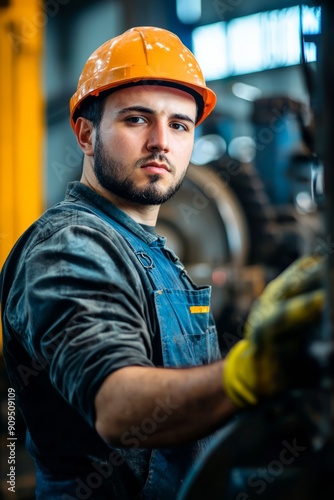 Portrait of a factory production worker operating heavy machinery, Generative AI