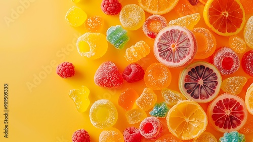 Bright colorful candy on pale on yellow and orange background