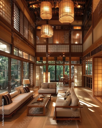 Modern home with Japanese interior design  serene living room reflects minimalist aesthetics and cultural influence for a tranquil atmosphere.