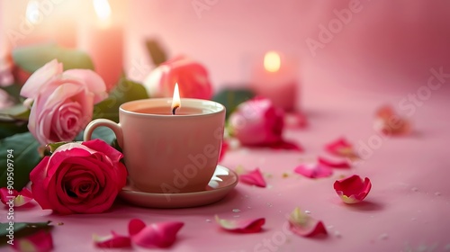 Burning candle cup and roses on a pink background Valentine's Day concept