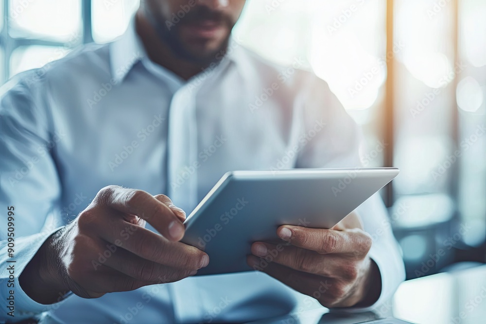 Close up of young businessman using digital tablet while sitting at his working place in office. Businessman using digital tablet Close up of young businessman using digital tablet while sitting at his working place in office. Businessman using digital tablet
