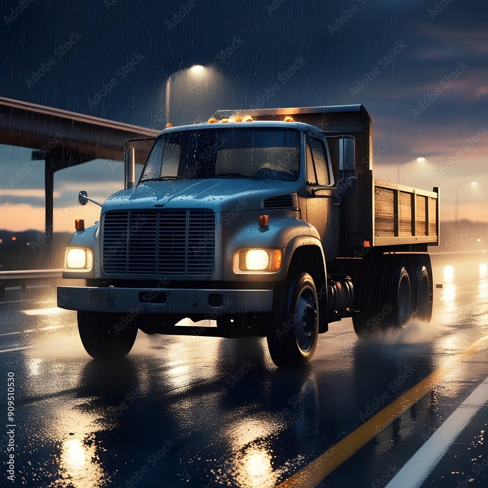 A dynamic scene with a truck driving on a wet highway, with streetlights reflecting on the road and rain droplets in focus A dynamic scene with a truck driving on a wet highway, with streetlights reflecting on the road and rain droplets in focus