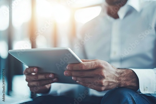 Close up of young businessman using digital tablet while sitting at his working place in office. Businessman using digital tablet