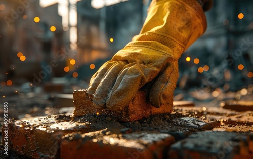 Close-up of construction laborers glove-clad hand aligning bricks meticulously photo