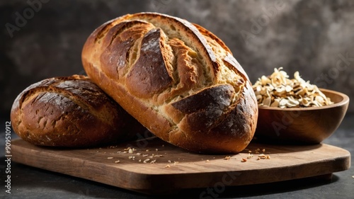 Two artisan bread loaves with a golden crust, displayed on a wooden board with a bowl of seeds in the background. 