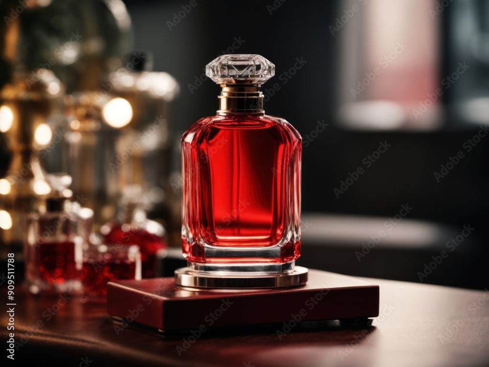 Mock up bright red glass perfume bottle on a stand Mock up bright red glass perfume bottle on a stand