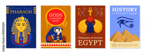 Ancient Egypt treasure Pharaoh god history advertising poster design template set vector flat