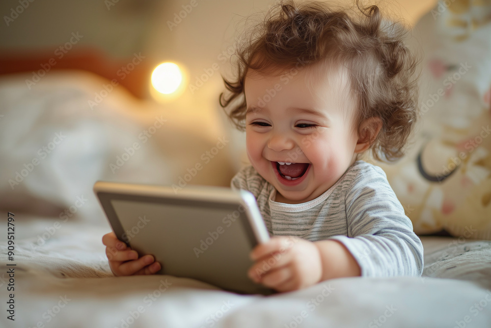 baby is holding a tablet and smiling baby is holding a tablet and smiling