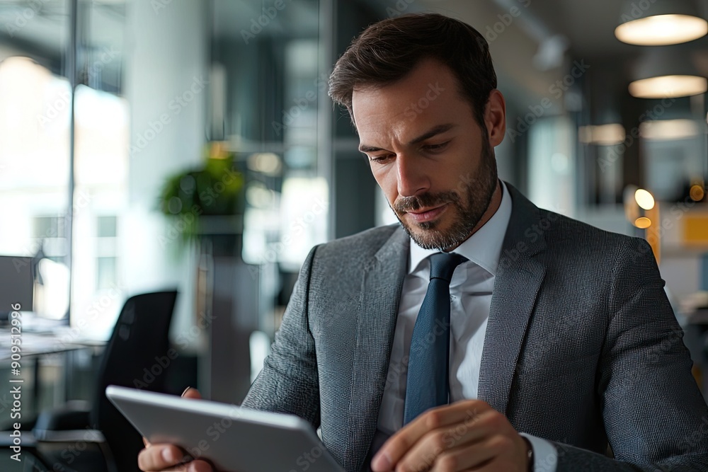 Close up of young businessman using digital tablet while sitting at his working place in office. Businessman using digital tablet Close up of young businessman using digital tablet while sitting at his working place in office. Businessman using digital tablet