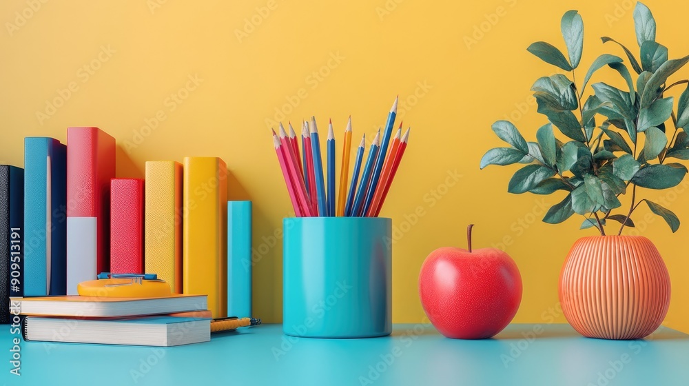 Fototapeta premium Colorful School Supplies and Red Apple on Bright Desk Against Yellow Background